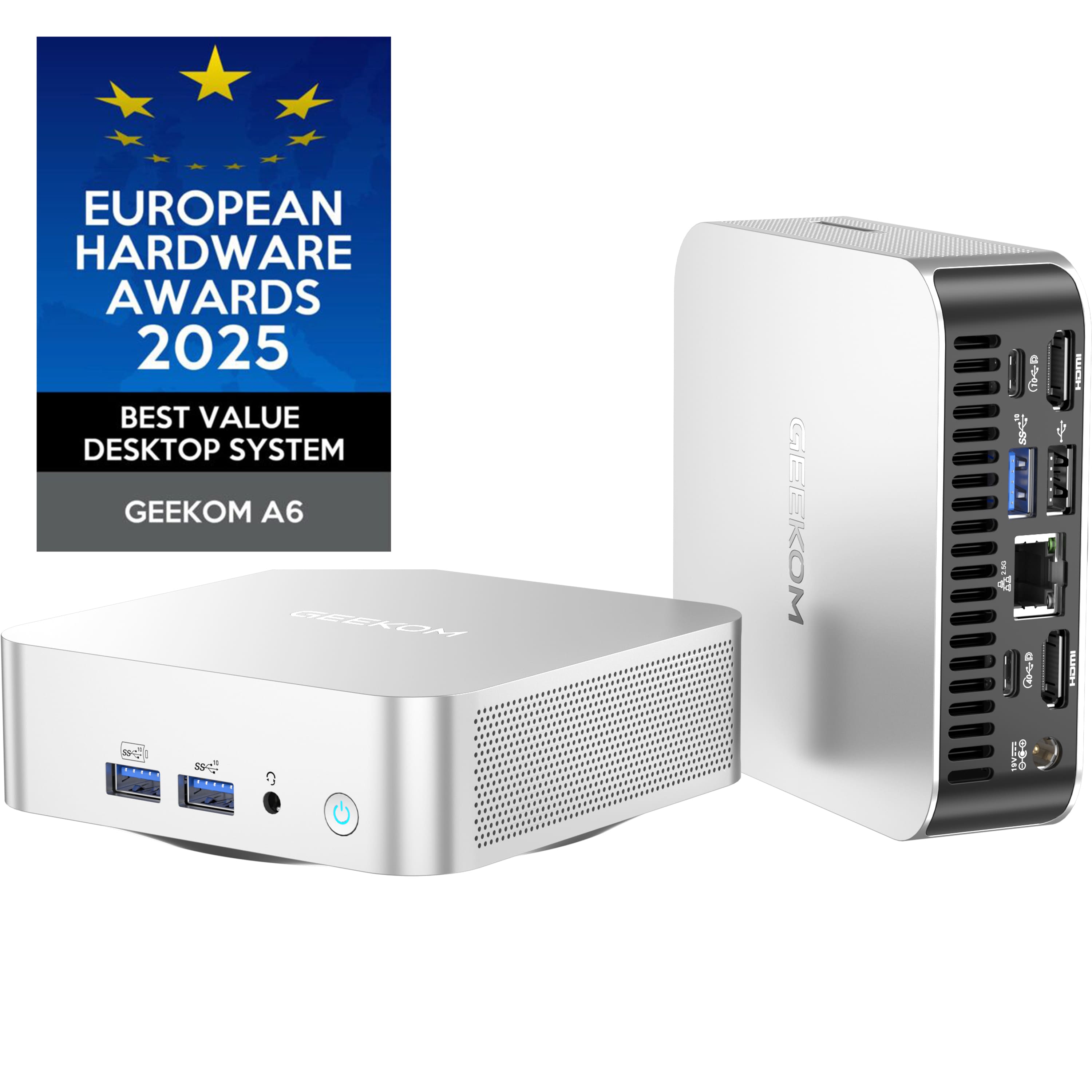GEEKOM A6 Mini PC showing compact design and connectivity ports