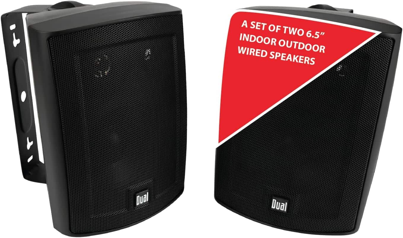 Dual LU63PB 6.5 Inch 3 Way Outdoor Indoor Speakers mounted under patio eaves with proper cable management
