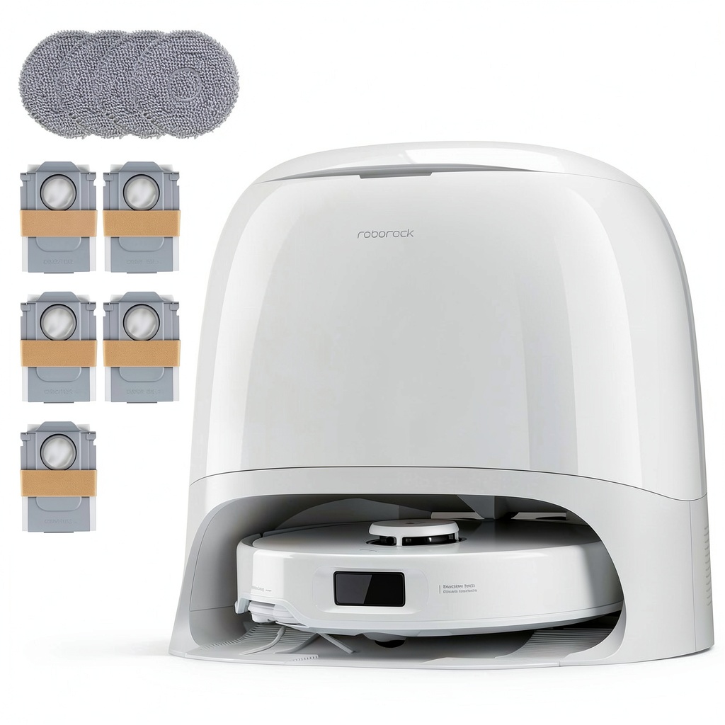 Roborock Qrevo Curv 5A1 robot vacuum and mop cleaning a living room with pets