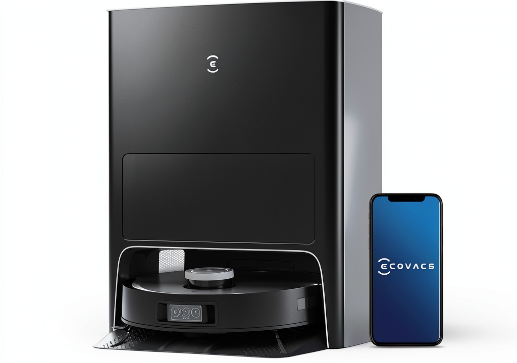 ECOVACS DEEBOT X1 Omni installed in modern kitchen with automatic mop washing station