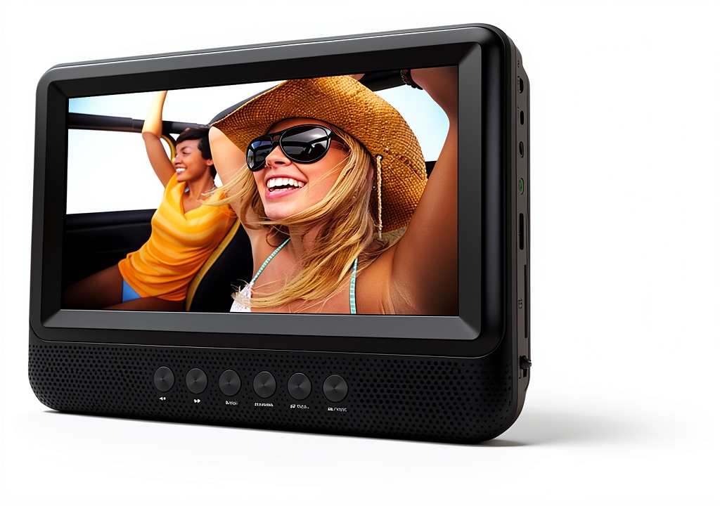 Sylvania Portable DVD Player Dual Screens mounted in vehicle during daytime travel