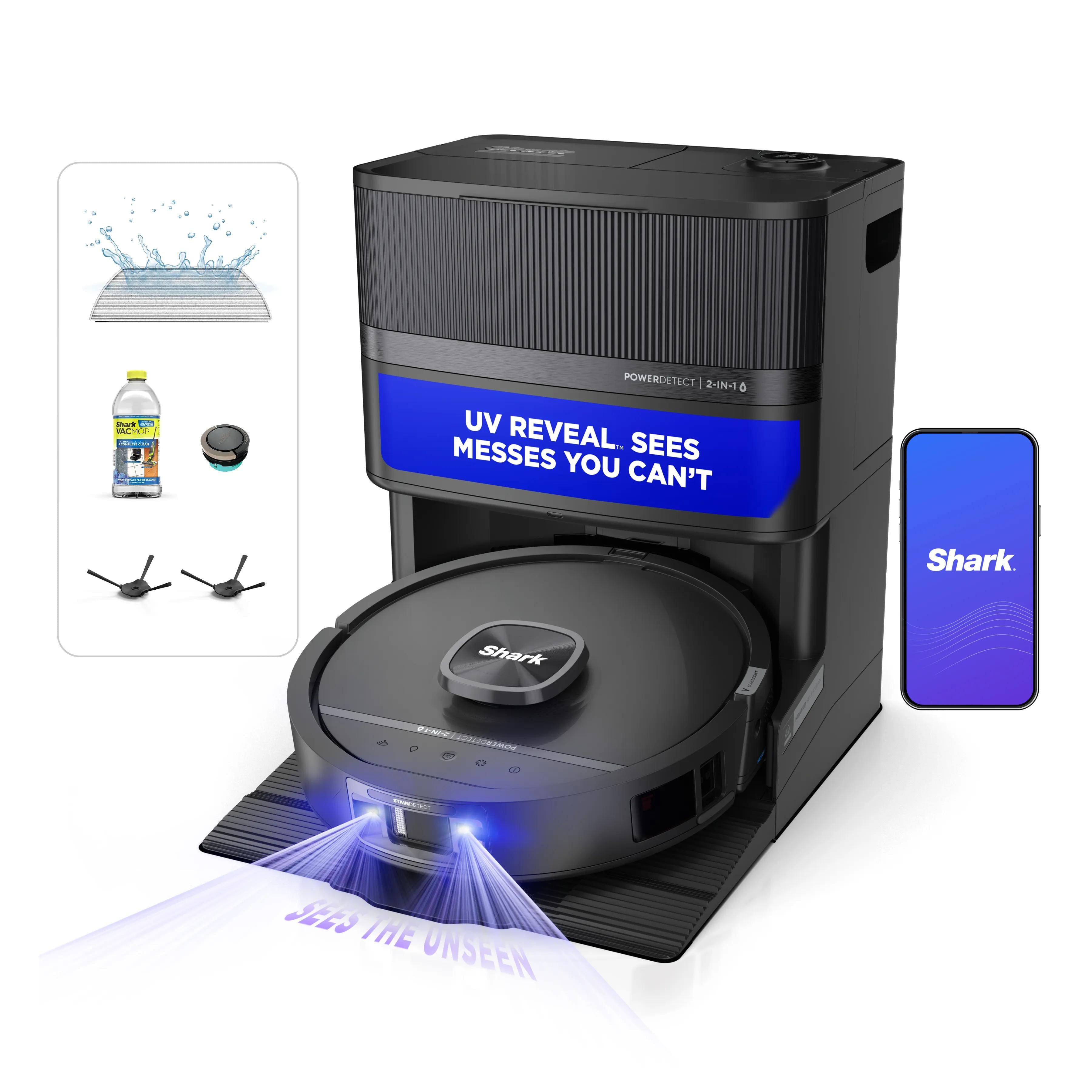 Shark UV Reveal robot vacuum cleaning a hardwood floor