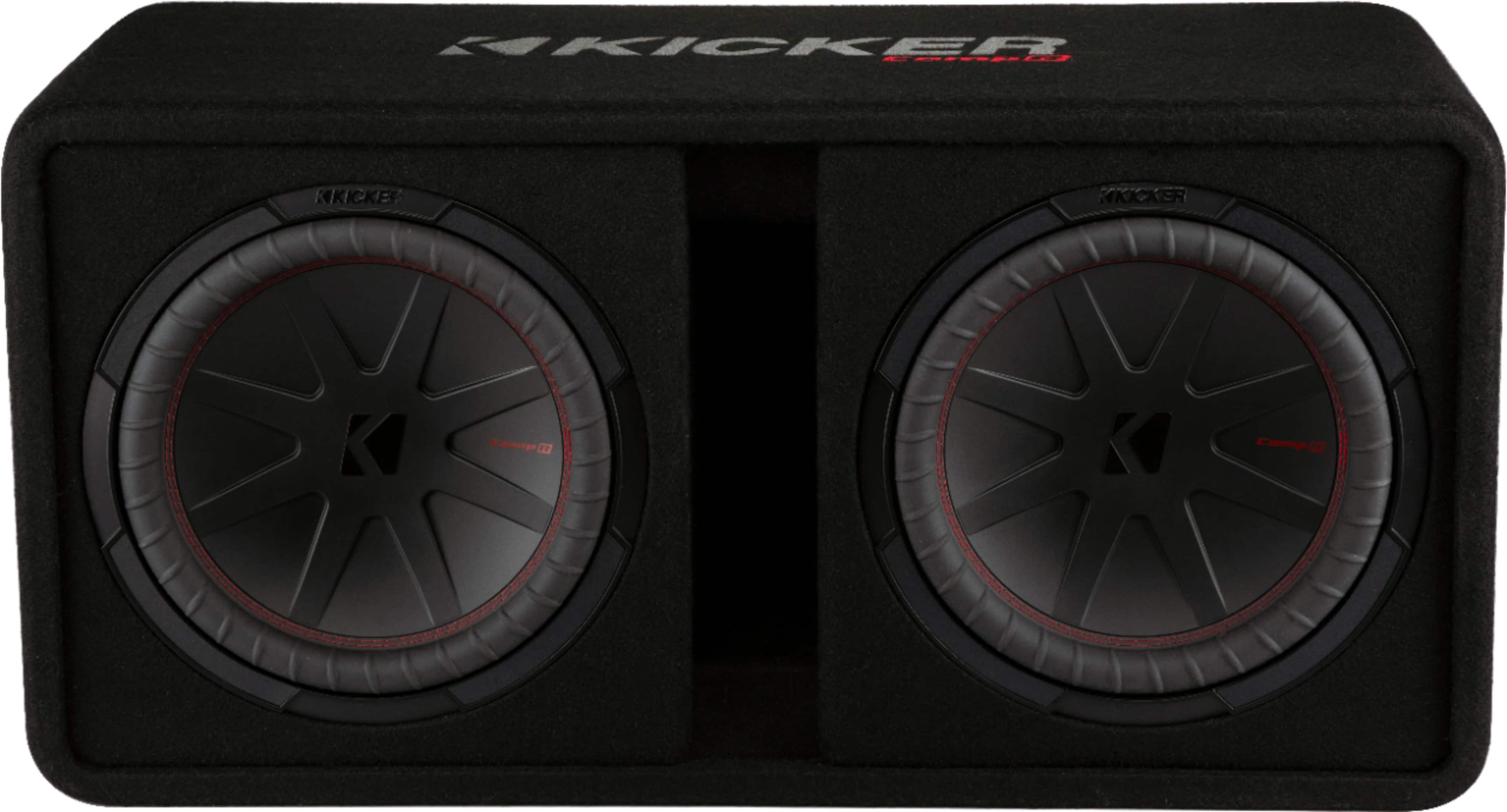 KICKER CompR Dual 12 subwoofers in enclosure on a car floor